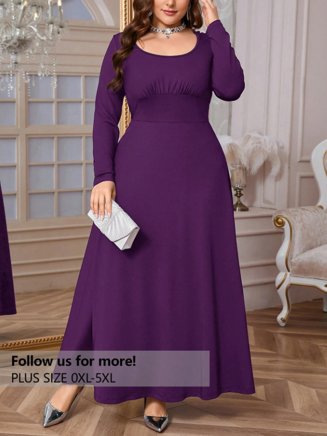 Firerie Plus Size Women's Elegant Casual Solid Color Scoop Neck Ruched Tie-Front Long Sleeve A-Line Dress, For Spring & Commuting And Daily Wear