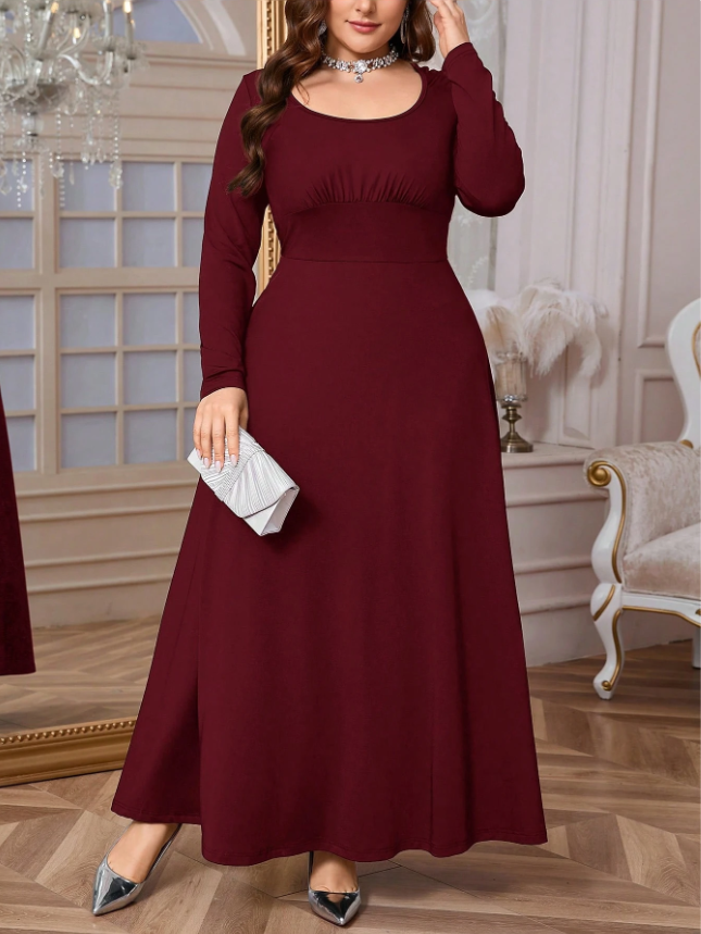 Firerie Plus Size Women's Elegant Casual Solid Color Scoop Neck Ruched Tie-Front Long Sleeve A-Line Dress, For Spring & Commuting And Daily Wear