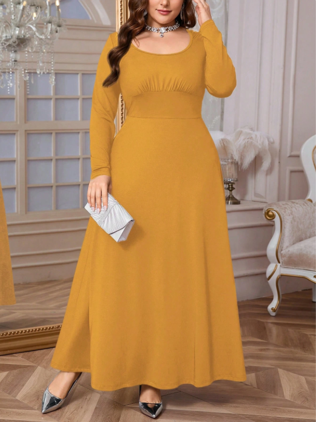 Firerie Plus Size Women's Elegant Casual Solid Color Scoop Neck Ruched Tie-Front Long Sleeve A-Line Dress, For Spring & Commuting And Daily Wear