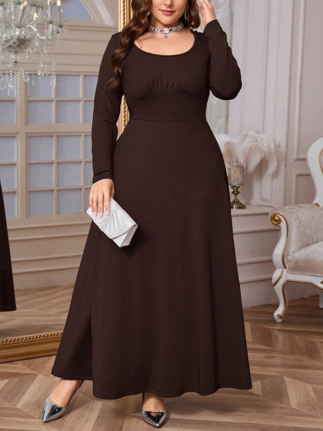 Firerie Plus Size Women's Elegant Casual Solid Color Scoop Neck Ruched Tie-Front Long Sleeve A-Line Dress, For Spring & Commuting And Daily Wear