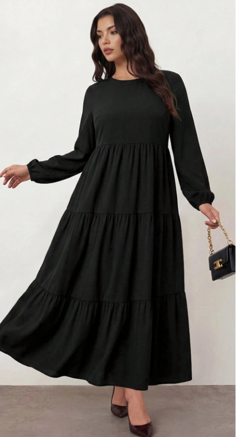 Enliva Plus-Size Women's Long Dress, Doll Dress, Cute Black Dress,