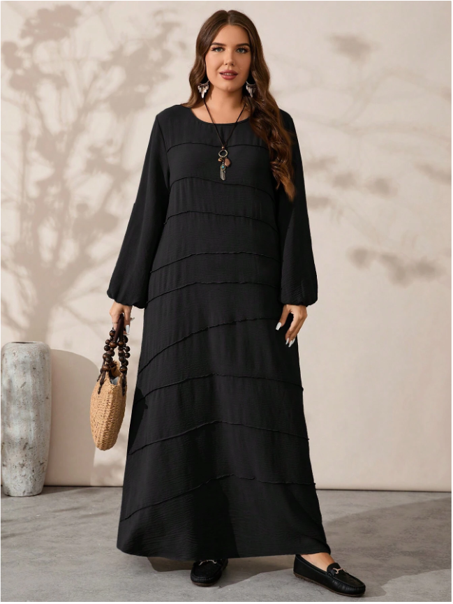 Rosumi Women's Plus Size Brown Dress: Elegant Long Sleeve Modest Tiered Maxi Dress