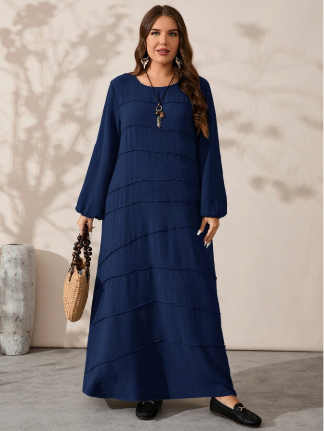 Rosumi Women's Plus Size Brown Dress: Elegant Long Sleeve Modest Tiered Maxi Dress