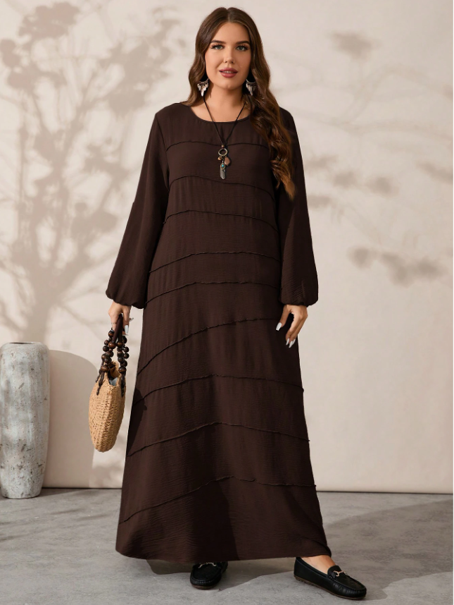 Rosumi Women's Plus Size Brown Dress: Elegant Long Sleeve Modest Tiered Maxi Dress