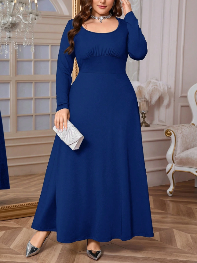 Firerie Plus Size Women's Elegant Casual Solid Color Scoop Neck Ruched Tie-Front Long Sleeve A-Line Dress, For Spring & Commuting And Daily Wear